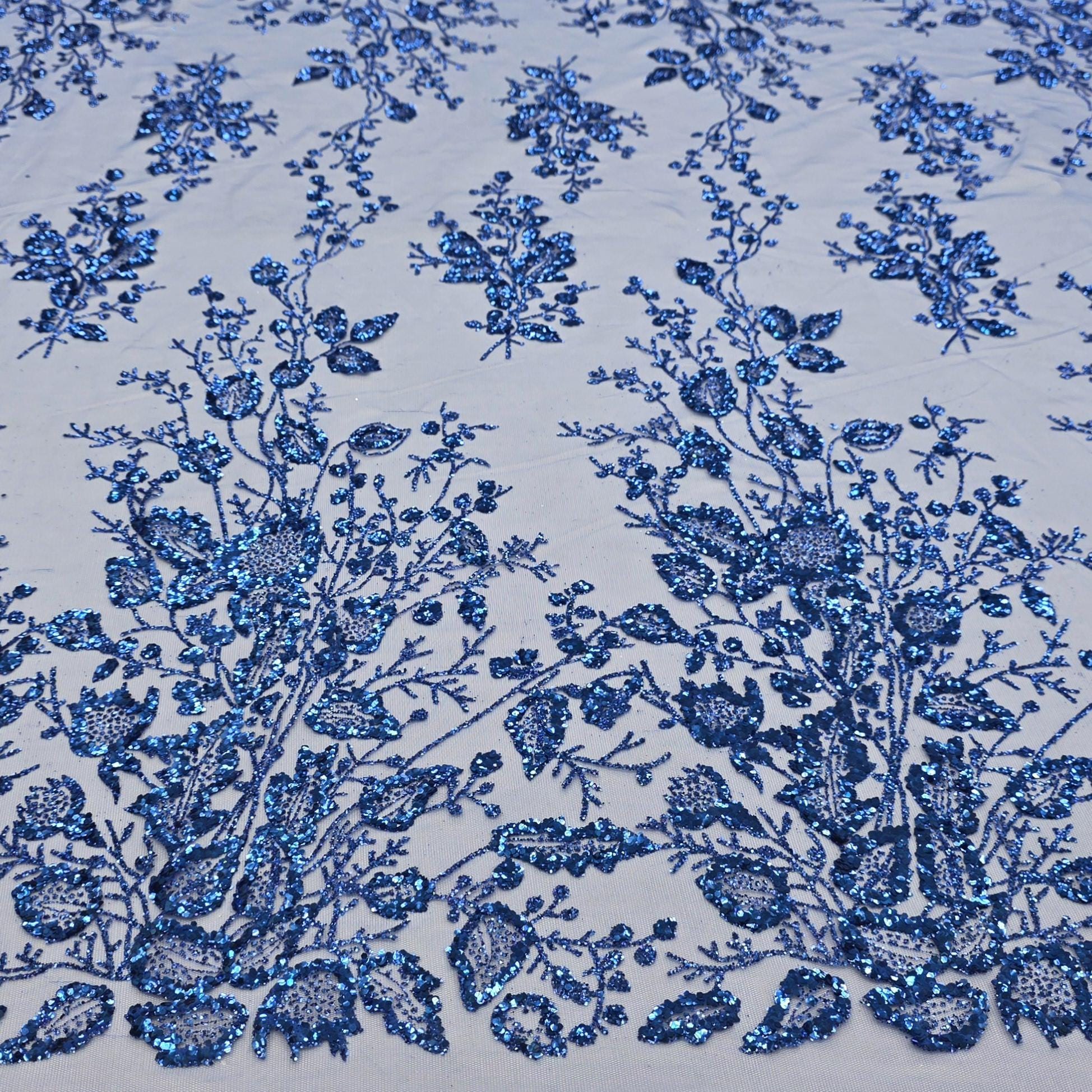 Royal Blue Floral Glitter Sparkle Design on Mesh Lace Fabric by the ...