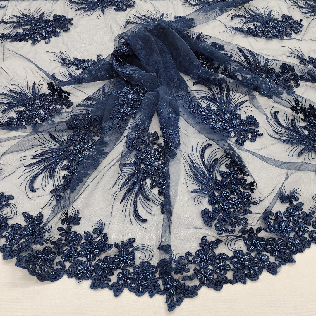 Navy Blue Floral Embroidery Heavy Beaded and Sequins on Mesh Lace ...