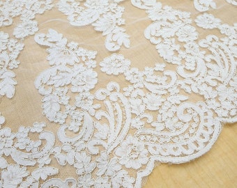 Light Ivory Alencon Trim - Scalloped Lace - French Corded - Trimming - Edging Lace - 18" Lace Trim on Mesh Fabric By The Yard - STYLE 213