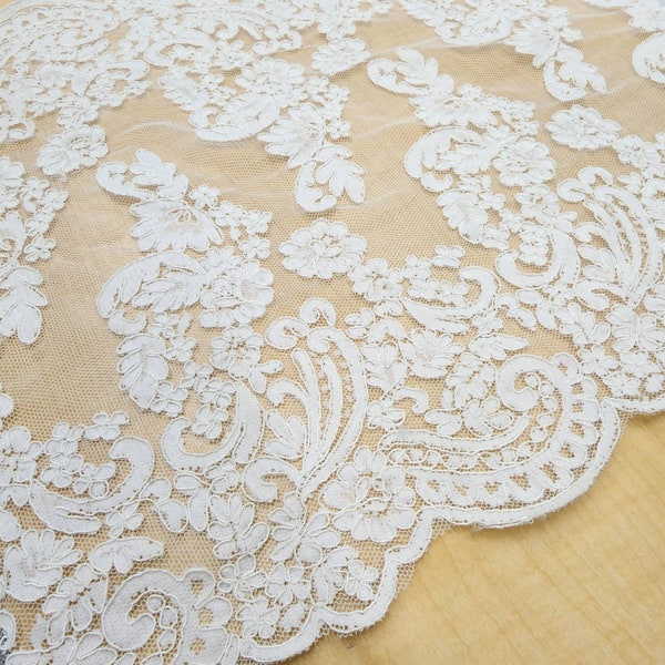 Light Ivory Alencon Trim - Scalloped Lace - French Corded - Trimming - Edging Lace - 18" Lace Trim on Mesh Fabric By The Yard - STYLE 213