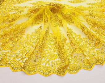 Yellow Polyester Floral Embroidery with Sequins on Mesh Lace Fabric by the Yard for Gown- Wedding- Bridesmaid- Prom- Dress- Decor- STYLE 252