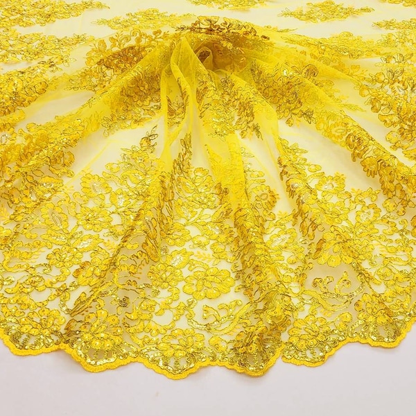 Yellow Polyester Floral Embroidery with Sequins on Mesh Lace Fabric by the Yard for Gown- Wedding- Bridesmaid- Prom- Dress- Decor- STYLE 252