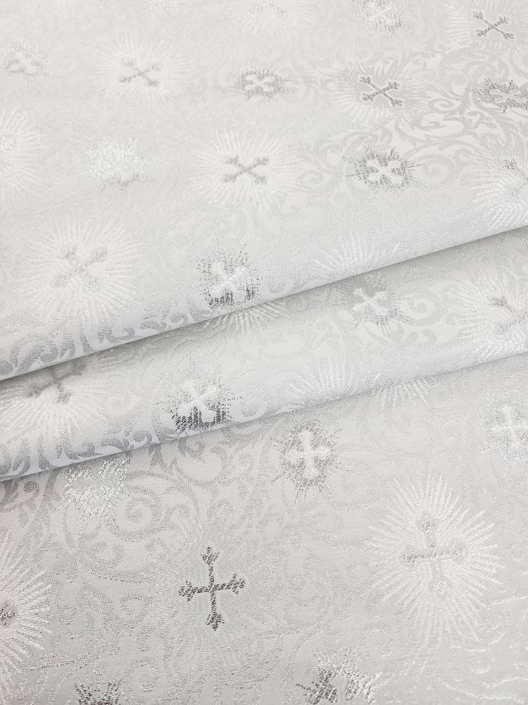 White Silver Liturgical Jacquard Brocade Fabric Cross Religious Event ...