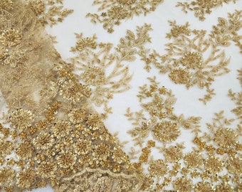 Dark Gold Floral Embroidery with Beads and Sequins on Mesh Lace Fabric by the Yard For Bridal, Bridesmaid, Party Dress , Appliqué, Style 118