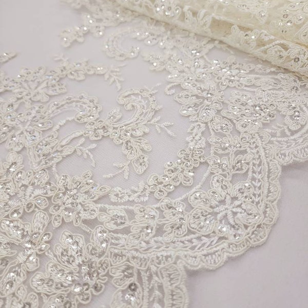 IVORY Lace Trim Fabric Corded Floral Scalloped Bridal Wedding Veil Lace Trimming 14" 8" Sequins on Mesh Lace Fabric By The Yard - Style 196