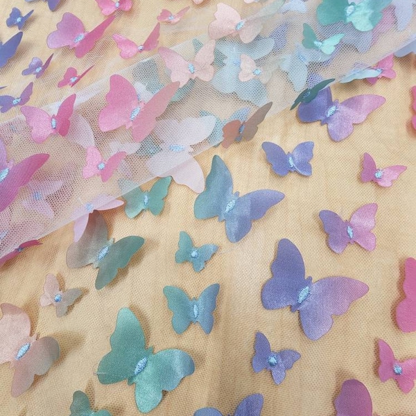 Multicolor Butterflies on mesh fabric by the yard for Bridal- Gown- Birthday- Dress- Quinceañera- Kids Dress- Decoration- Prom- STYLE 129