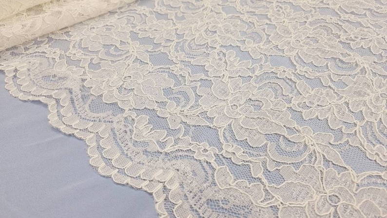 May include: White lace fabric with a delicate floral pattern. The lace has a scalloped edge.