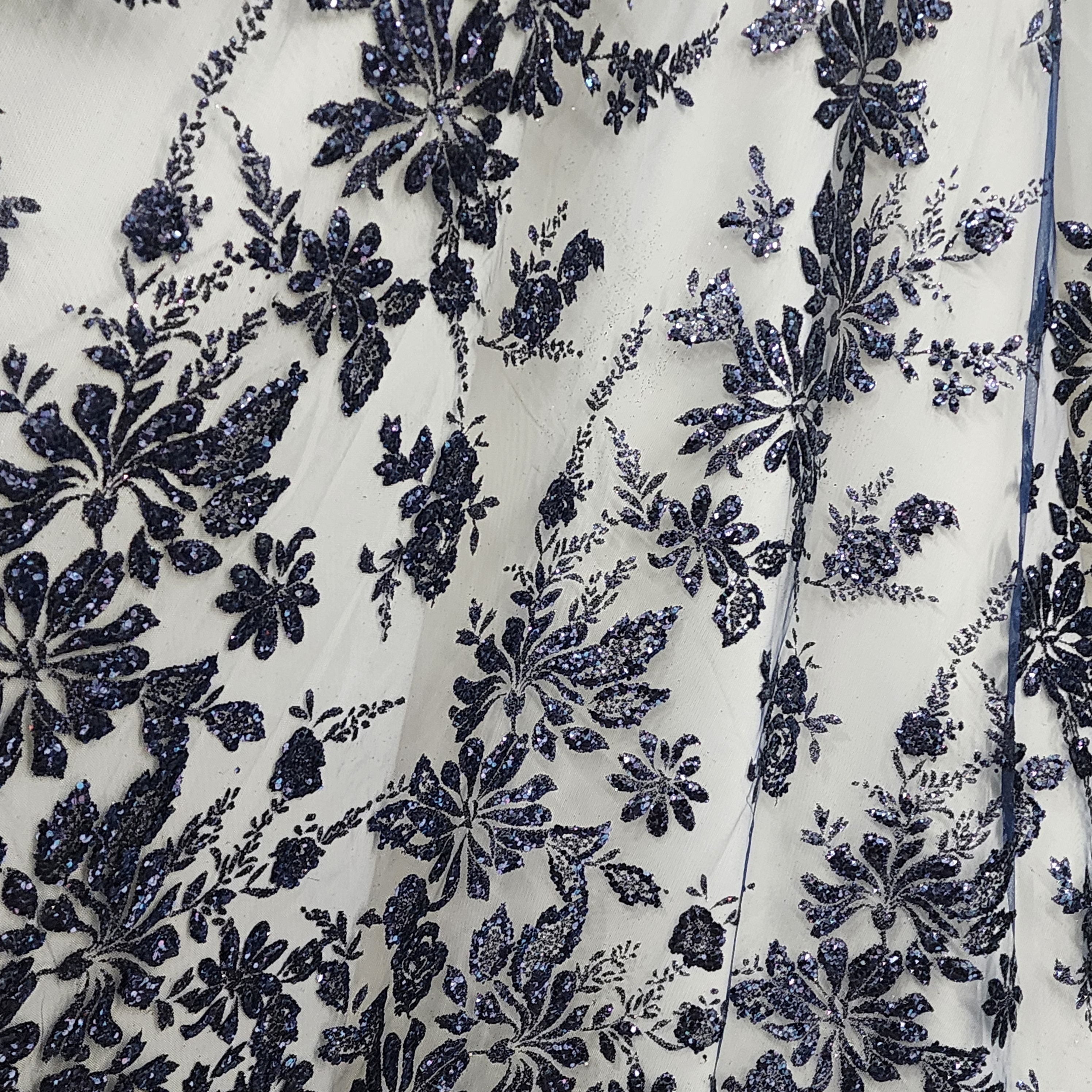 Navy Blue Floral Glitter Sparkle Design on Mesh Lace Fabric by the Yard ...