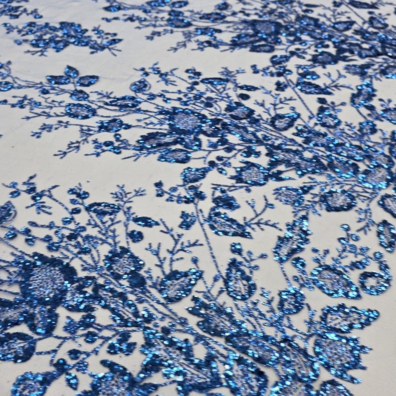 Royal Blue Floral Glitter Sparkle Design on Mesh Lace Fabric by the ...