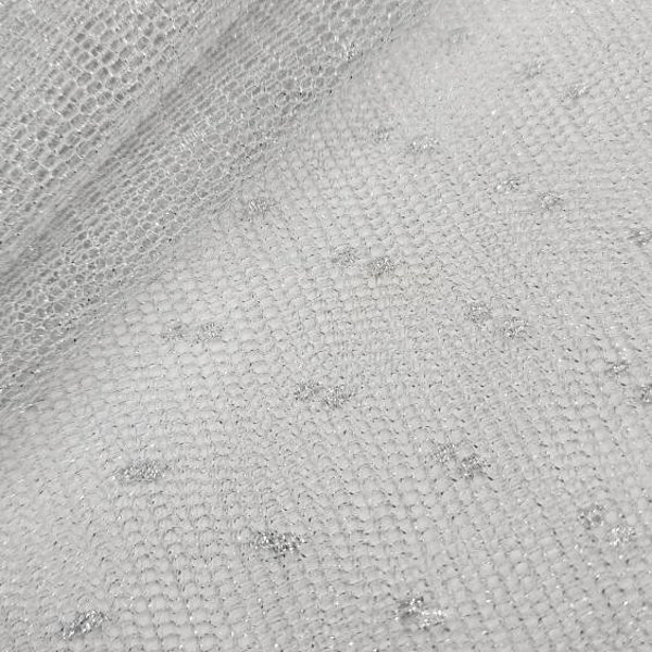 Silver Metallic Polka Dots Netting Fabric by the yard- Shimmer- Sparkle- Stretch- Nylon Tulle- Gown- Bridal Dress- Bridesmaid- Style 244