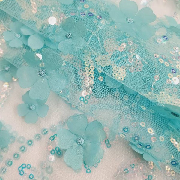 Aqua Blue 3D Floral Embroidery with Iridescent Sequins on mesh Lace Fabric by the yard for Dress - Skirts - Wedding - Gown - DIY - Style 232