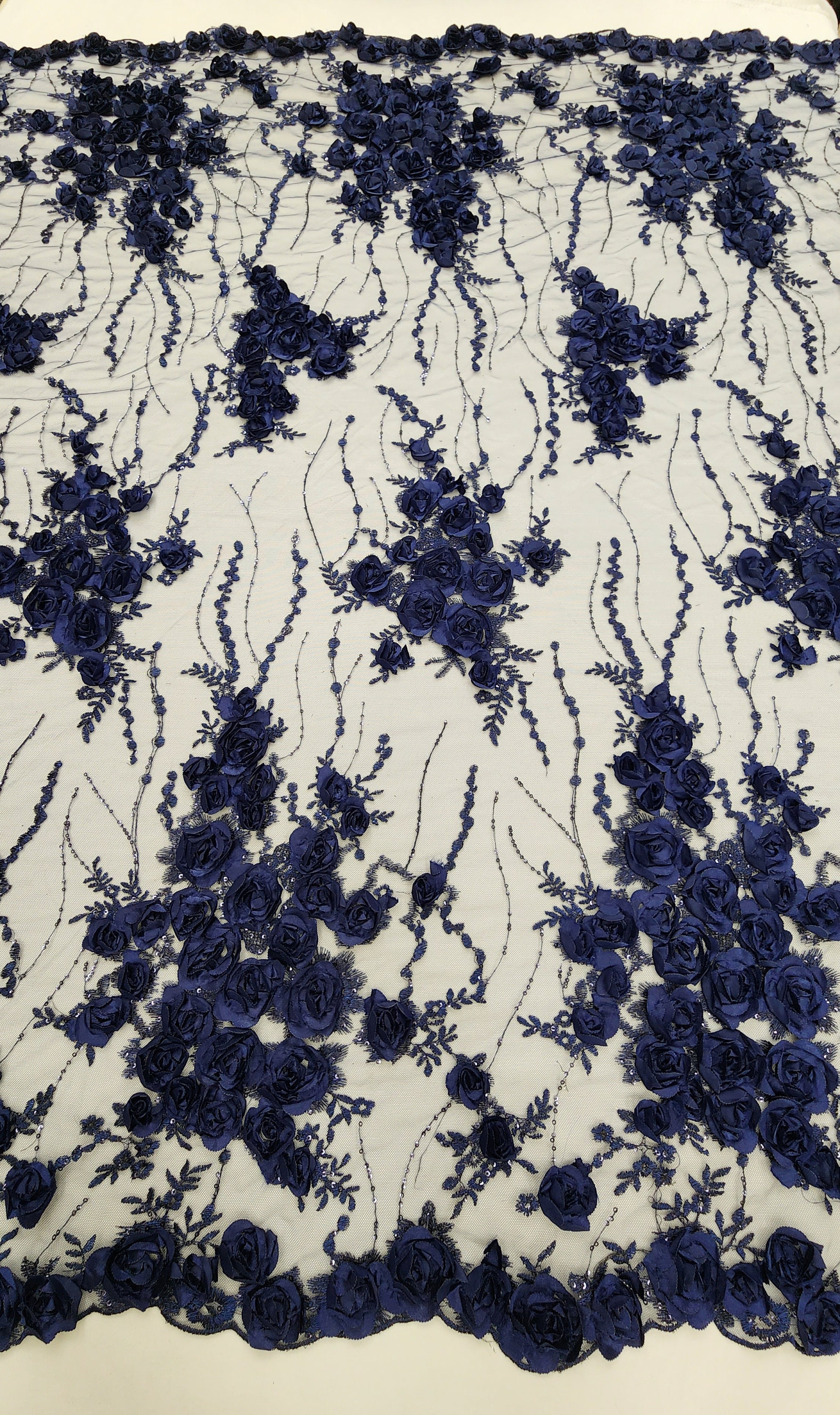 Navy Blue Floral 3D Embroidery With Sequins on Mesh Lace Fabric by the ...