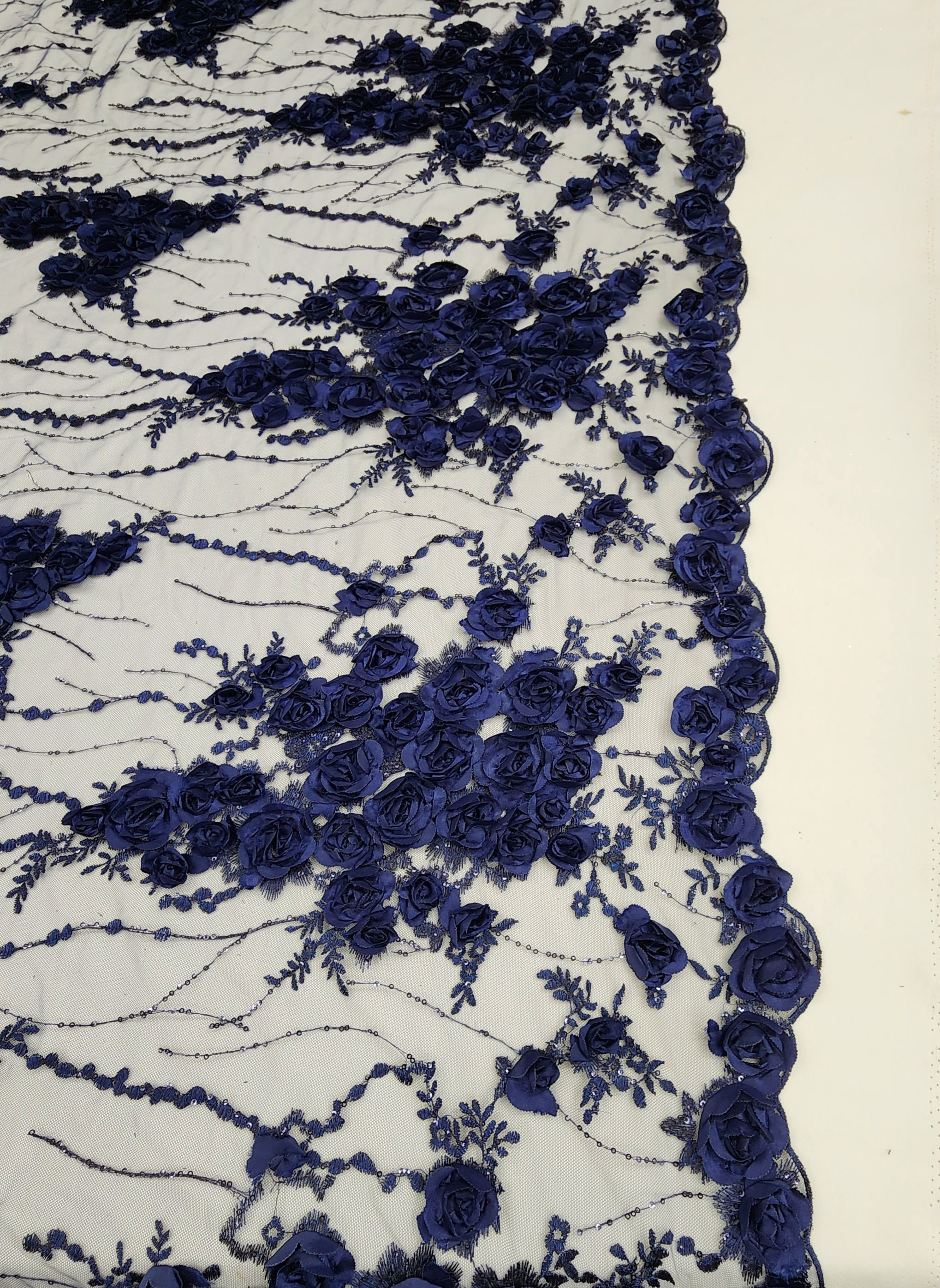 Navy Blue Floral 3D Embroidery With Sequins on Mesh Lace Fabric by the ...