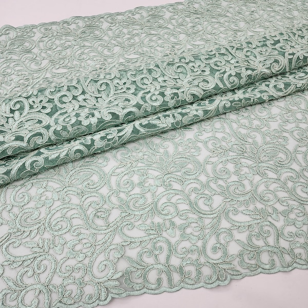 Mint Green Floral Swirl Embroidery on Mesh Royalty Lace Fabric by the Yard For Gowns, Weddings, Bridal, Dress, Skirts, Cosplay - STYLE 296