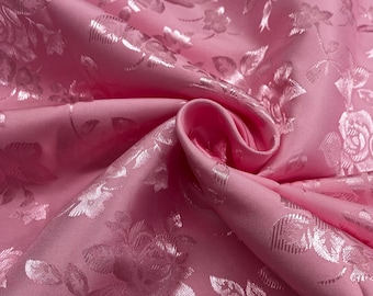 Rose Pink Polyester Floral Jacquard Brocade Satin Fabric by the yard for Gowns, Bridal Wear, Decor, Clothes, Costumes, Crafts - STYLE 316