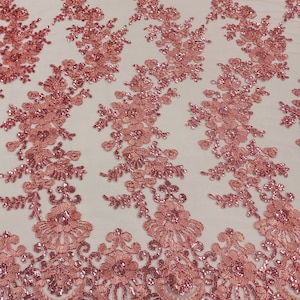 Dusty Rose Polyester Floral Embroidery with Sequins on Mesh Lace Fabric by the Yard for Gown-Wedding-Bridesmaid-Prom Dress-DIY- STYLE 125