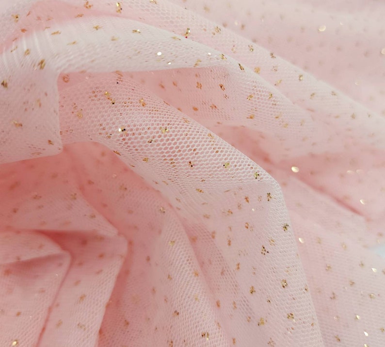 Light Pink Gold Glitter Sparkle English Netting Tulle Fabric by the Yard STYLE 171 image 1