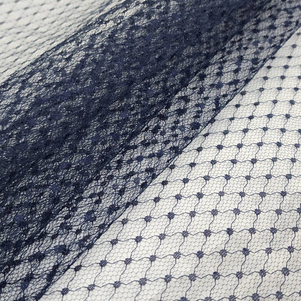 Navy Blue Polka Dot Tulle Fabric, Navy Blue Geometrical Tulle, Navy Small Dots, Stretch Mesh Netting Tulle with Dots By The Yard - STYLE 103