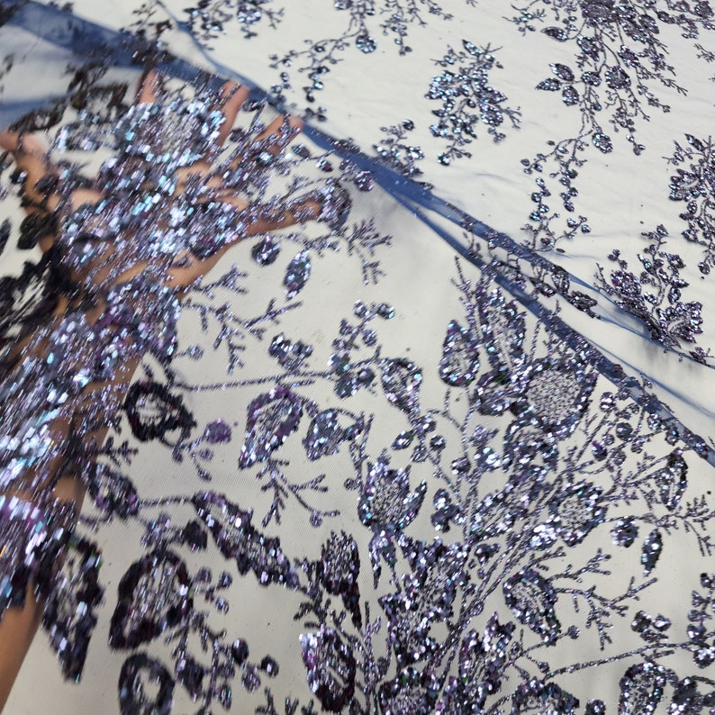 Navy Blue Floral Glitter Sparkle Design on Mesh Lace Fabric by the Yard ...