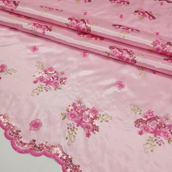 PINK Floral Embroidery with Sequins on Taffeta Fabric By The Yard for Gown - Costume - Event - Bridesmaid - Wedding - Backdrop - STYLE 325