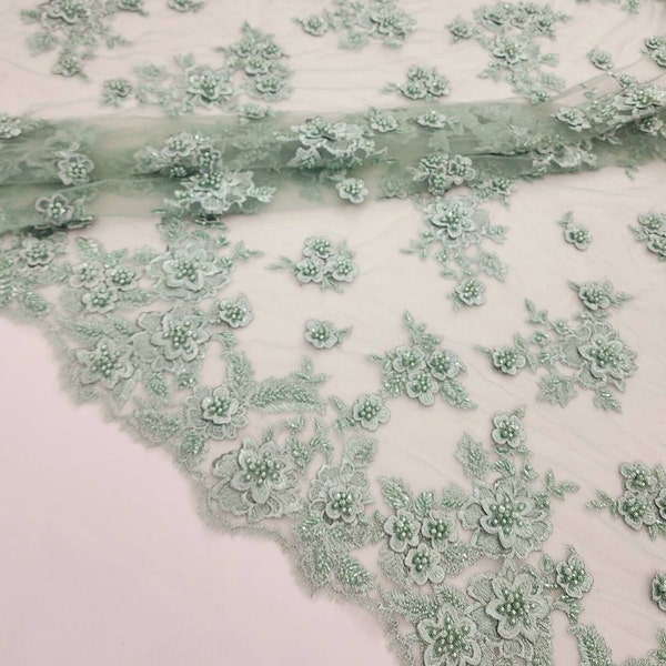 3D Sparkle Roses Sequins On Mesh Fabric With Beads By The Yard Used For -Dress-Bridal-Fashion [Navy Blue]