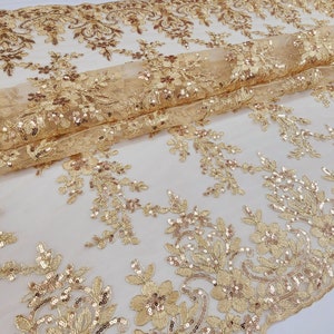 Champagne Polyester Floral Embroidery with Sequins on Mesh Lace Fabric by the Yard for Gown - Wedding - Bridesmaid - Party Dress - STYLE 116