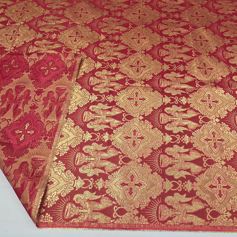 4 kleuren metallic liturgische brokaat jacquardstof per meter voor kerkdecoratie, kerkelijk religieus kruis, hostiebekers, tafelloper, STIJL 225 Red Gold