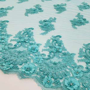 Turquoise Blue Floral Embroidery with Beads and Sequins on Mesh Lace Fabric by the Yard for Gown Dress Fashion Appliqué Couture STYLE 051
