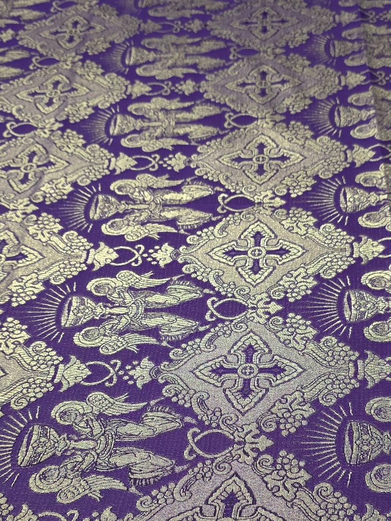4 kleuren metallic liturgische brokaat jacquardstof per meter voor kerkdecoratie, kerkelijk religieus kruis, hostiebekers, tafelloper, STIJL 225 afbeelding 6