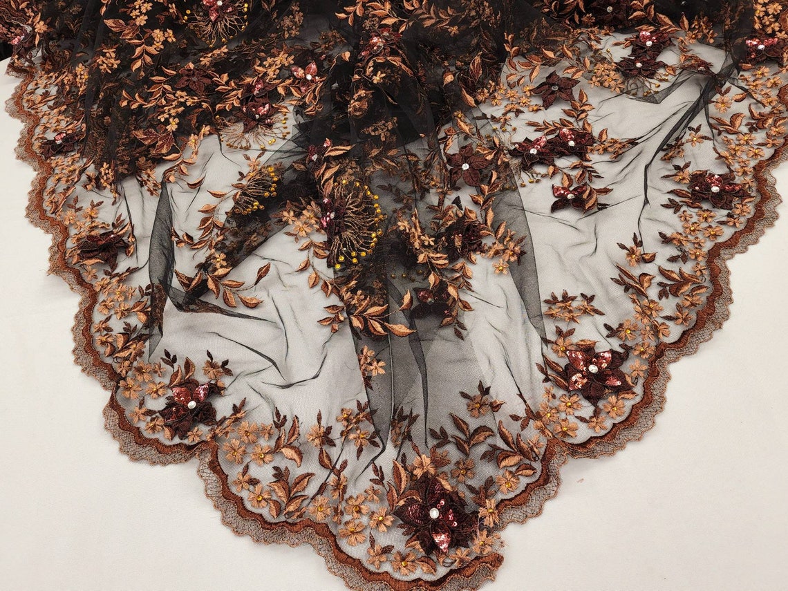 Black Copper Floral 3D Embroidery With Beads and Sequins on - Etsy