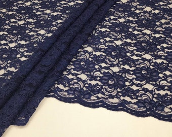 Navy Blue Corded Floral Alencon Lace fabric By The Yard for Bridal - Gown - Wedding - Bridesmaid - Formal Dress -Prom - STYLE 105