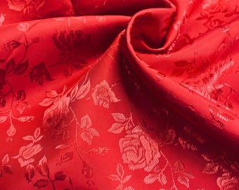 Red Polyester Floral Jacquard Satin Fabric by the yard for Gowns Wedding Home Decor Clothes Costumes Crafts Runners Arts Blouses - STYLE 316
