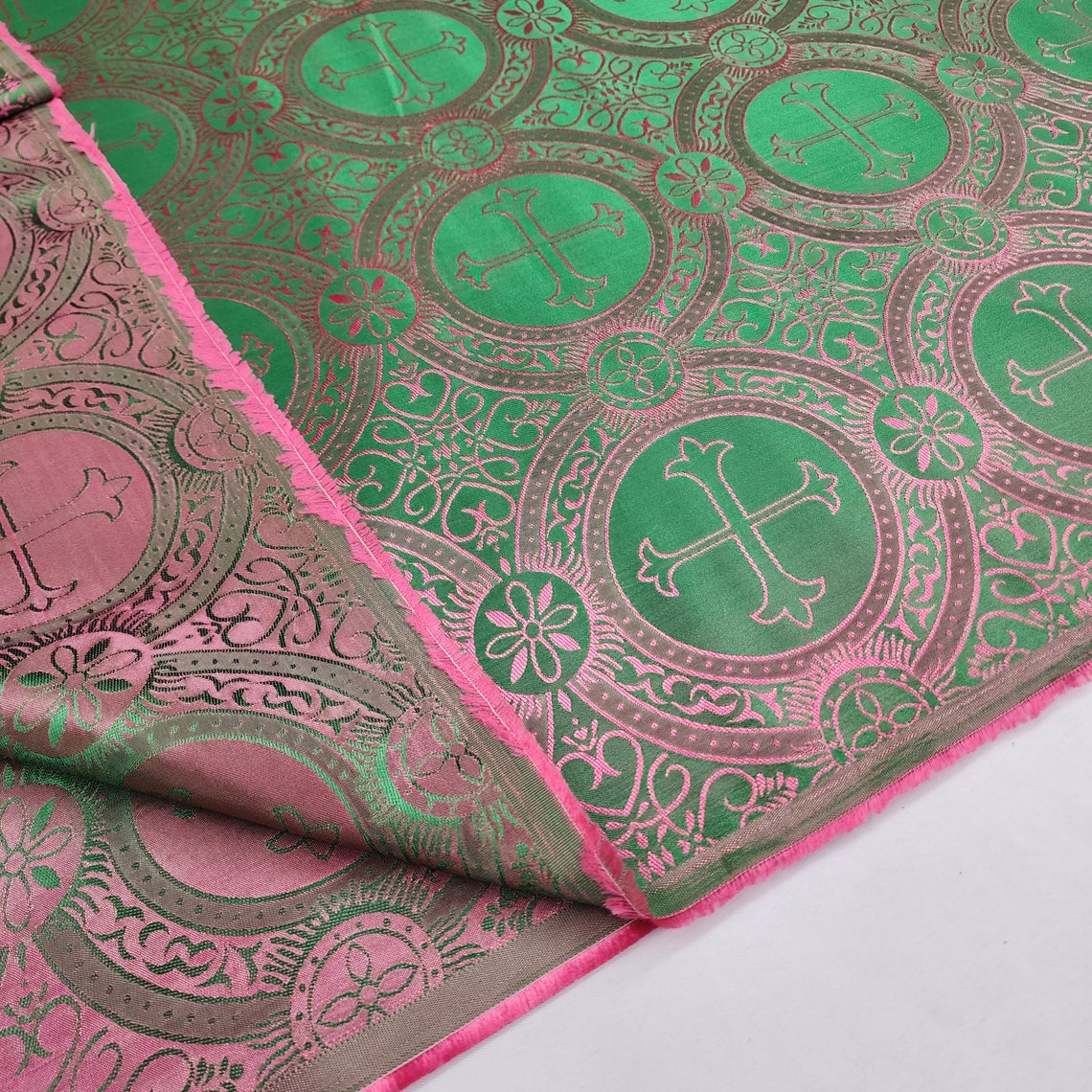 Emerald Green Coral Liturgical Brocade Fabric Religious Jacquard ...