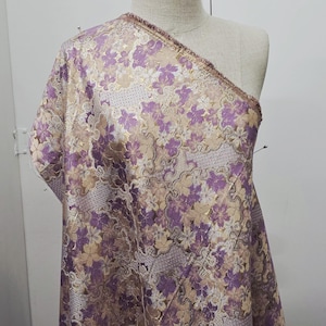 Ivory Lilac Multicored Floral Wave Medallion Embossed Desing Jacquard Brocade Fabric Leaves Branches  Pattern Sold By The Yard - STYLE 006