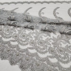 Gray Silver Floral Embroidery with Beads and Sequins on Mesh Lace Fabric by the Yard for Gowns- Couture- Appliqué- DIY- Capes- STYLE 187