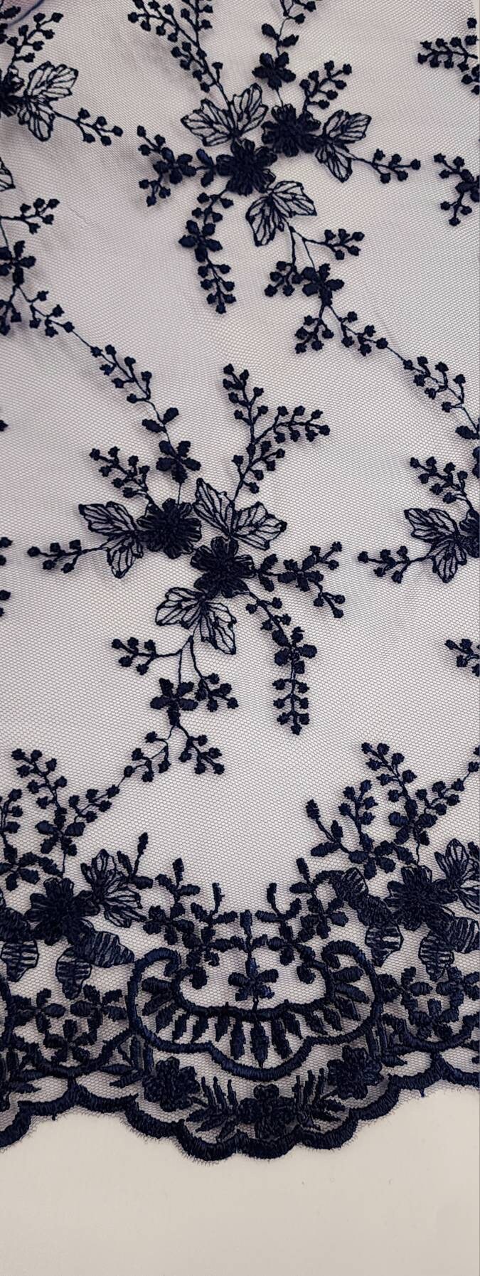Tessuto Pizzo Ricamo Floreale 135x91 Cm - Poliestere Grigio/Navy Per Abiti Fai Da Te, Abiti Da Sposa, Veli