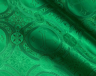 Smaragdgrüner religiöser Brokat - Liturgischer Stoff - Kirchlicher Jacquard - Kirche - Gewand - Kreuzbrokat Meterware - STIL 121