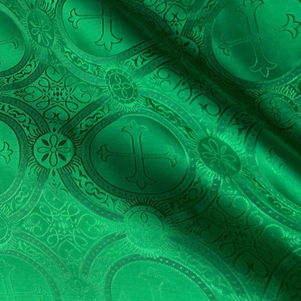 Emerald Green Religious Brocade - Liturgical Fabric - Ecclesiastical Jacquard - Church - Vestment - Cross Brocade by the yard - STYLE 121