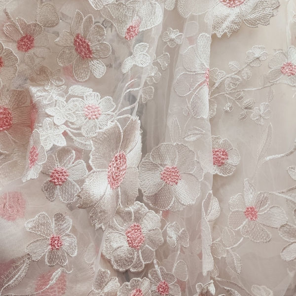 Colorful Floral 3D Lace Fabric by Yard, Couture Tulle Embroidery Lace Fabric, Evening Prom, Night Dress, Off White Pink Flowers, STYLE 102