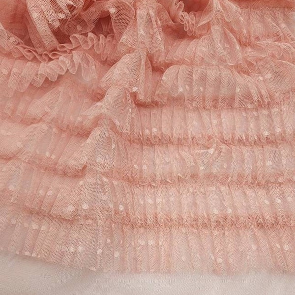 BLUSH Ruffles on Mesh Fabric - Polka dots on Ruffle - BLUSH Polyester Ruffled By The Yard for Gown - Party - Decor - Headbands - STYLE 141