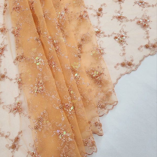 PEACH Floral Embroidery with Beads and Sequins on Mesh Lace Fabric by the Yard For Bridal - Bridesmaid - Appliqué - Couture - STYLE 251