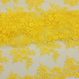 Gelbe Stickerei mit Blumenmuster auf Mesh-Spitzenstoff, Meterware für Kleid – Braut – Partykleid – Hochzeit – Abschlussball – Brautjungfer – Dekoration – STIL 215