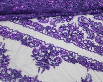 PURPLE Embroidery Floral with Beads and Sequins on Mesh Lace Fabric by the Yard for Gowns - Appliqué - Couture - Trim Lace - STYLE 314