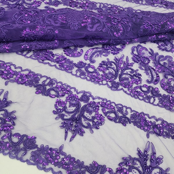 PURPLE Embroidery Floral with Beads and Sequins on Mesh Lace Fabric by the Yard for Gowns - Appliqué - Couture - Trim Lace - STYLE 314