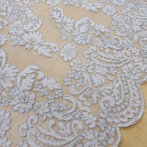 White Silver Bridal Wedding Floral Trim Scalloped Lace Fabric Sold By The Yard Alencon Cording Runner Trimming Edging 18&quot; Wide - STYLE 213