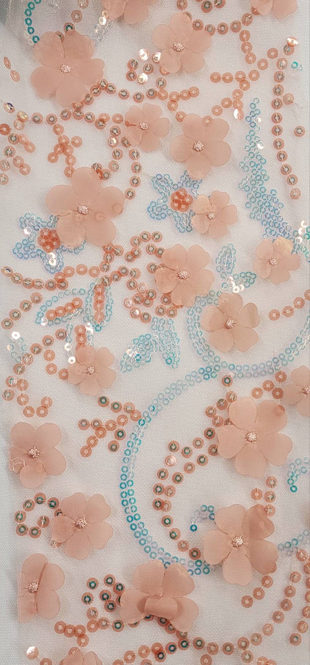 Blush 3D Floral Embroidery With Iridescent Sequins on Mesh Lace Fabric ...