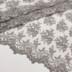 GRAY SILVER Floral Embroidery with Beads and Sequins on Mesh Lace Fabric by the Yard For Bridal, Bridesmaid, Appliqué, Couture - STYLE 299