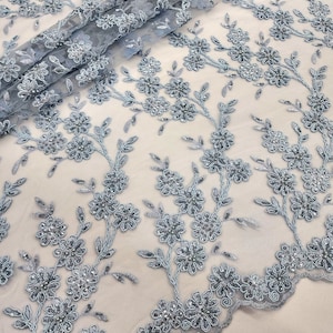 Dusty Blue Embroidery Floral with Beads and Sequins on Mesh Lace Fabric by the Yard for Gown- Bridal- Appliqué- Wedding- Couture- STYLE 313