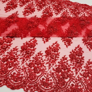 RED Floral Embroidery with Beads and Sequins on Mesh Lace Fabric by the Yard For Bridal - Bridesmaid - Appliqué - Couture - Gown - STYLE 275