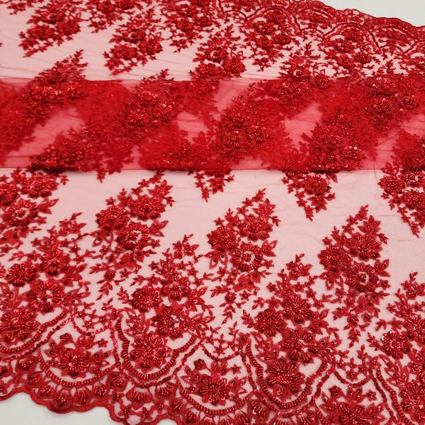 RED Floral Embroidery with Beads and Sequins on Mesh Lace Fabric by the Yard For Bridal - Bridesmaid - Appliqué - Couture - Gown - STYLE 275